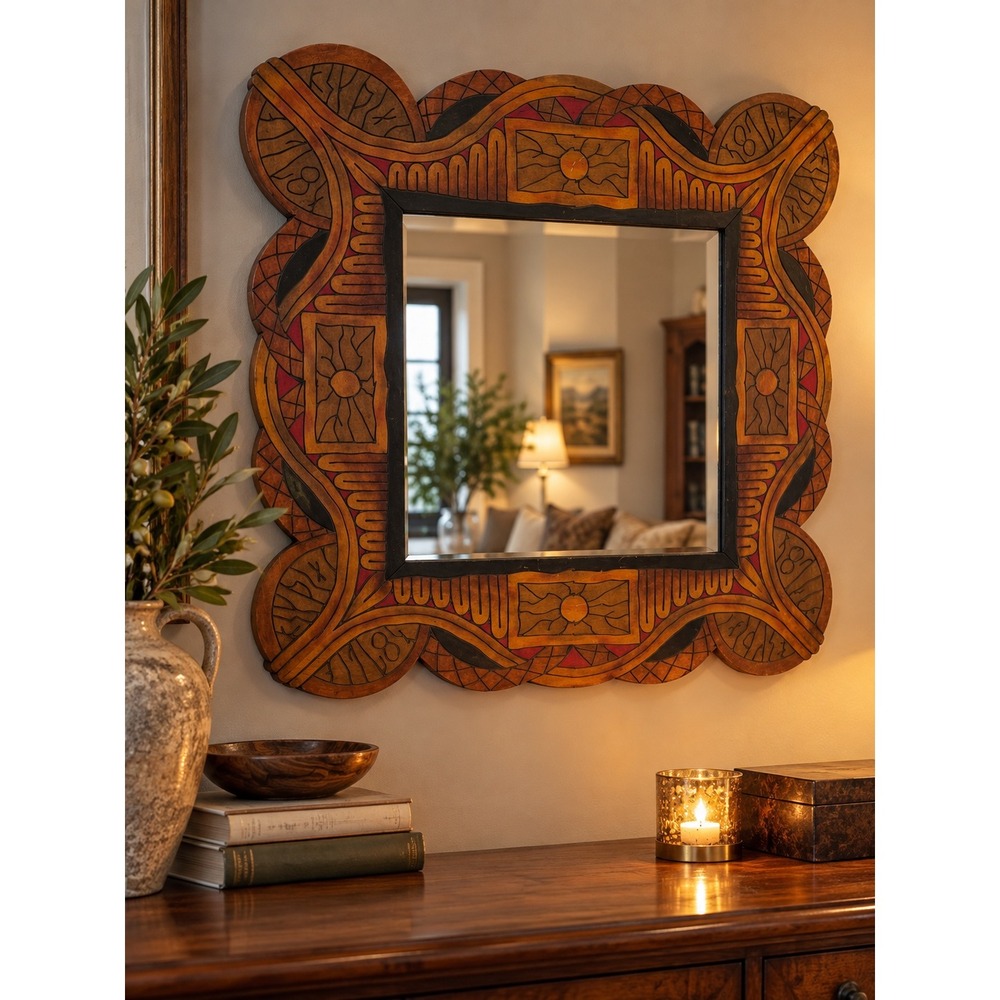 Hand Painted Wood Wall Mirror Scalloped Square Sunburst Rune Art 19.5in